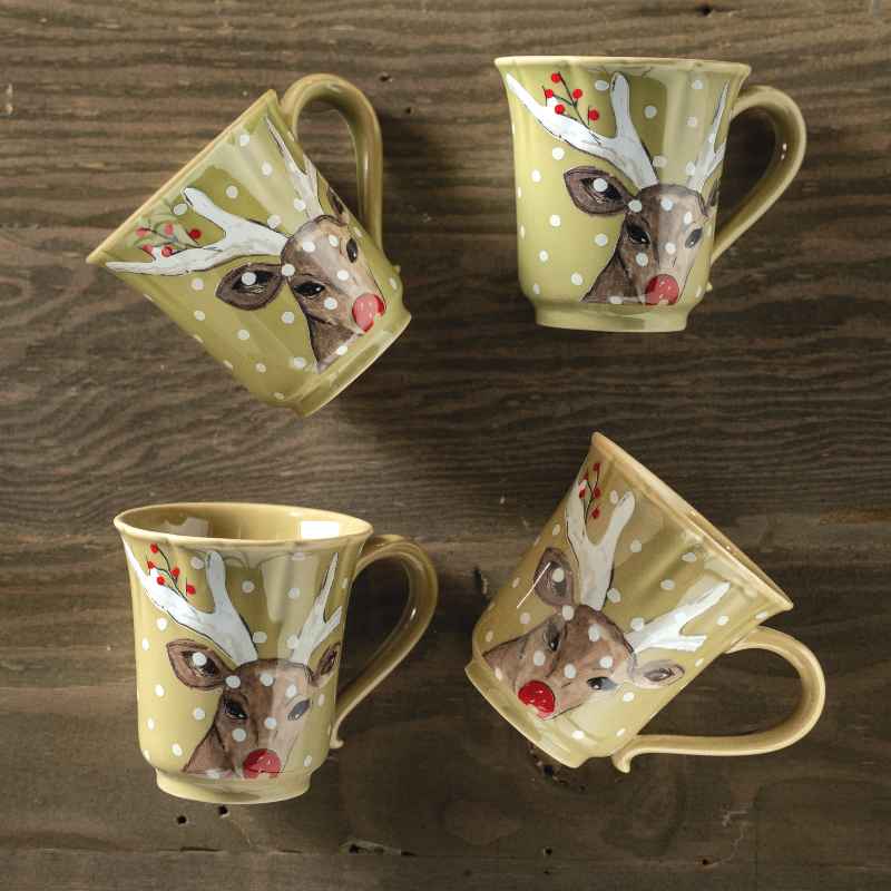Set of 4 Deer Portrait Mugs - Green